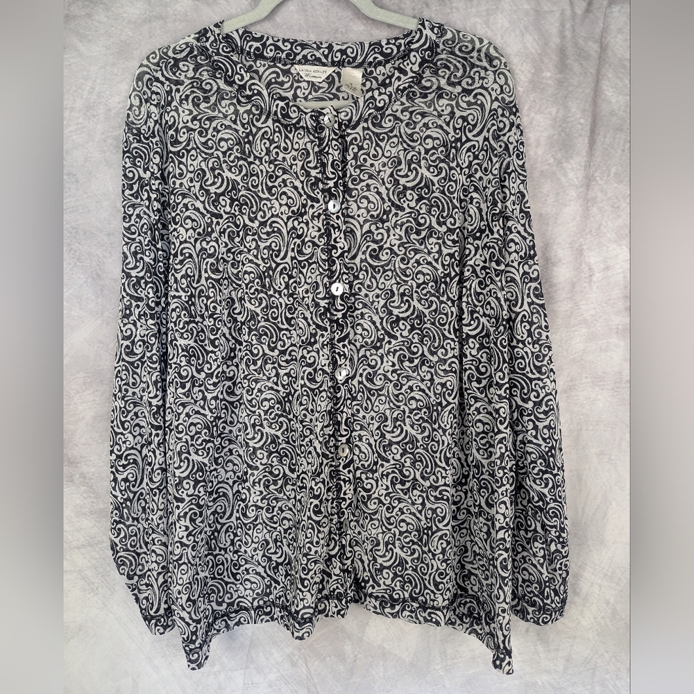 Laura Ashley Woman 3X Sheer Stretch Cardigan In Black And White Scroll Design